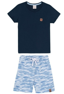 Conjunto Menino Bermuda Estampada Em Moletinho - Carinhoso Azul