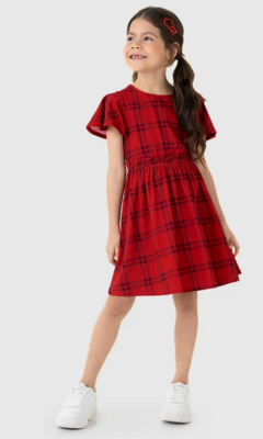 VESTIDO INFANTIL ACINTURADO ESTAMPA XADREZ EM ALGODÃO MALWEE KIDS VERMELHO