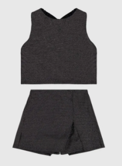 Conjunto Menina Cropped + Shorts Saia Em Malha Lurex Malwee Kids Preto