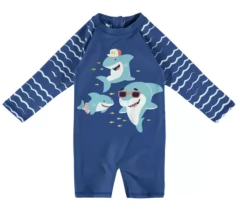 Macacão Infantil Azul Tubarão Com Proteção UV Malwee
