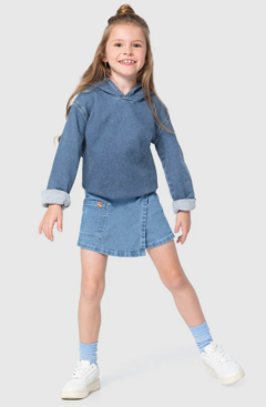 SHORTS SAIA INFANTIL MENINA BOLSO FRONTAL EM JEANS MOLETOM MALWEE KIDS AZUL