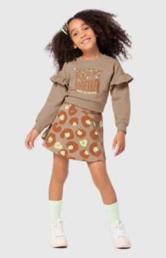 CONJUNTO INFANTIL MENINA SAIA ANIMAL PRINT EM MOLETOM MALWEE KIDS MARROM