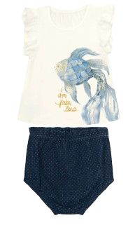 Conjunto Menina Blusa Estampada + Calcinha Em Algodão - Carinhoso Off White