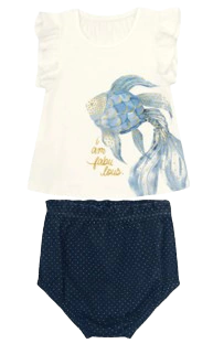 Conjunto Menina Blusa Estampada + Calcinha Em Algodão - Carinhoso Off White