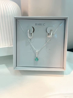 Conjunto Colar Pedra Quadrada Verde e Brinco Retângulo Prata