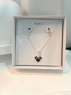 Conjunto Colar Minnie e Brinco Pedra Vermelha Prata