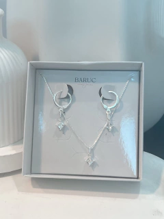 Conjunto Colar e Brinco Ponto de Luz Quadrado Prata