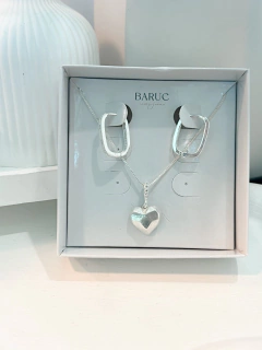 Conjunto Colar Coração Sextavado e Brinco Retangulo Prata
