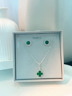 Conjunto Colar Mini Trevo Verde e Brinco Verde Prata