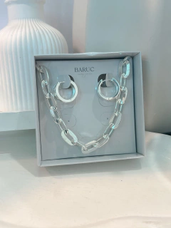 Conjunto Choker Elos e Brinco Argola Largo P Prata