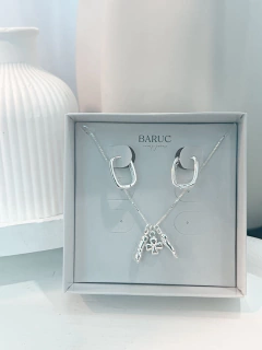 Conjunto Colar Patuá E Brinco Retangulo Prata