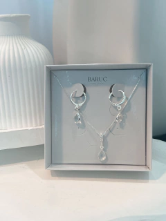 Conjunto Colar e Brinco Gota Cristal Prata