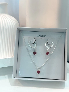 Conjunto Colar e Brinco Coração Vermelho Prata