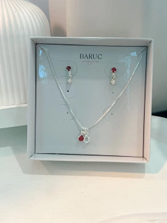 Conjunto Colar Zirconia Vermelha e Cristal e Brinco Vermelho Prata