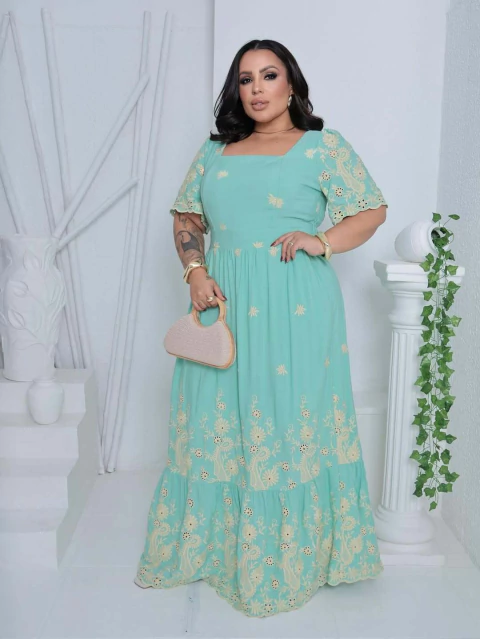 vestido plus sise lese algodão bordado verde 0721 - comprar online