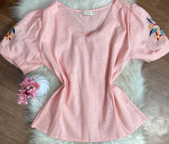 blusa linho bordado na manga rosa claro 0367 na internet