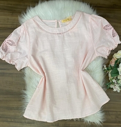 Blusa linho bordado rosa claro plus sise 0158