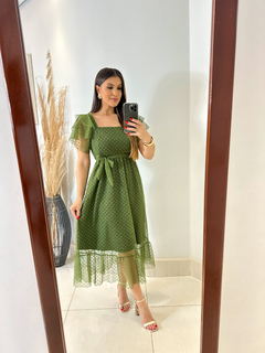 Vestido tule poá verde 133 - Re Dias Moda Evangélica