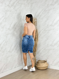 Saia jeans ilhós no bolso 227 - Re Dias Moda Evangélica