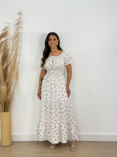 Vestido floral Branco 0139 - Re Dias Moda Evangélica