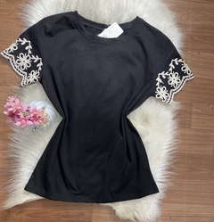 Blusa algodao bordado corda flor preto 0159 - loja online