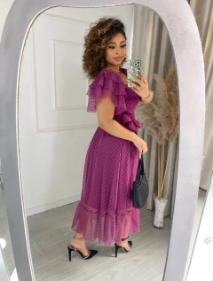 Vestido tule poá fucsia 133 - Re Dias Moda Evangélica