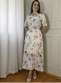 VESTIDO PLISSADO Branco - 0719 - Re Dias Moda Evangélica