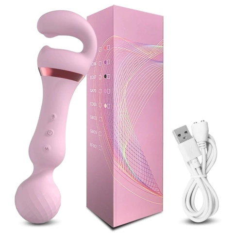 Vibrador Poderoso Tluda Intense na cor rosa, com controle e cabo USB, ao lado de sua embalagem.