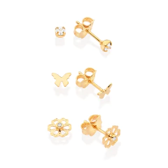 Kit Brinco Com Um Par Borboleta, Um Par Flor Com 2 Zirconias De 1 Mm Ao Centro E Um Par Solitario Com 2 Zirconias De 2,7 - comprar online