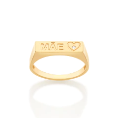 Anel Retangular Escrito Mae Com Coracao Cravejado Por 1 Zirconia De 1,0 Mm Ao Centro. - loja online