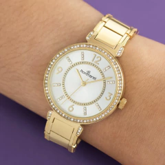 Relogio Analogico Dourado, Caixa Redonda De Metal Com 72 Cristais, Mostrador Cinza Metalico Com 24 Cristais, Numeros E P na internet