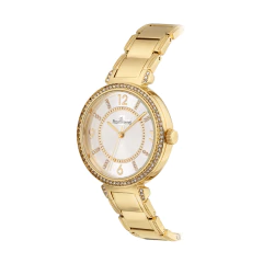 Imagem do Relogio Analogico Dourado, Caixa Redonda De Metal Com 72 Cristais, Mostrador Cinza Metalico Com 24 Cristais, Numeros E P