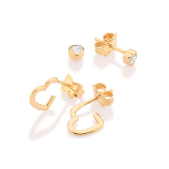 Kit Brinco Com 1 Par Meia Argola Coracao E 1 Par Com Duas Zirconias Coracao De 3X3 Mm (Par).Med. 1,80 X 0,90 / 0,40 Cm X