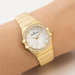 Relogio Rommanel Analogico Social Dourado, Com 34 Cristais Mostrador Branco Texturizado Com 12 Cristais 650119