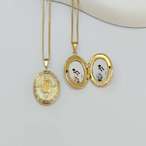 Colar relicario oval encanto c/ elos grumet - ouro18k - comprar online