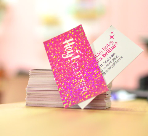 Tarjetas personales (9x5cm) con laminado glitter Frente y Dorso x 120 U.