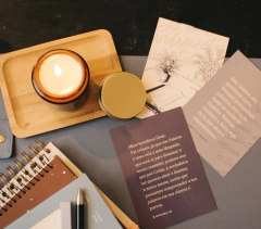 Vela Scriptorium + 3 Cards meditativos (acompanha suporte de madeira para os cards). - comprar online