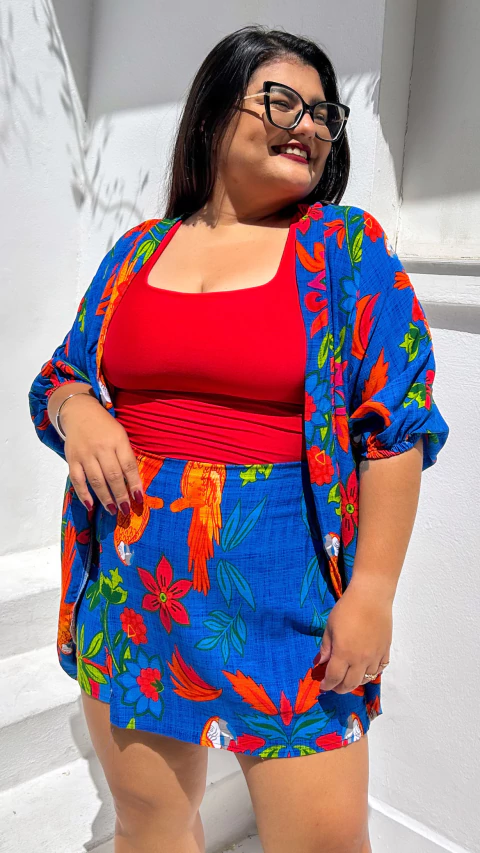 Trijunto de kimono com short saia + blusa decote quadrado - estampado azul - comprar online