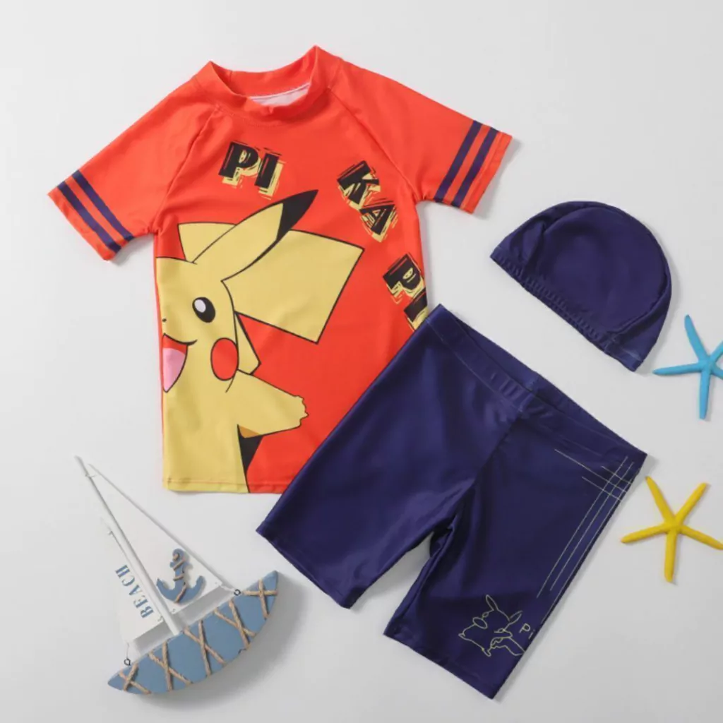 Traje de Baño Niño Pikachu Short + Buso + Gorro