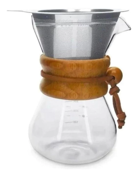 PASSADOR DE CAFE VIDRO E LAÇO MADEIRA + GANHA FILTRO INOX