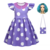 Vestido infantil roxo com bolinhas brancas e peruca azul, ideal para fantasia de Halloween.