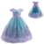 Vestido infantil estilo princesa sereia, em tons de lilás e azul, com detalhes em renda e laço na parte de trás.