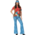 Fantasia feminina inspirada nos anos 70 e 80, com blusa colorida de estampa tie-dye e calça flare azul.