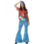 Fantasia feminina anos 70 e 80 com camiseta tie-dye colorida e calças flare azuis.