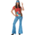 Fantasia feminina anos 70 com blusa colorida e calça flare azul, ideal para festas temáticas.