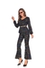 Roupa feminina inspirada nos anos 70/80, com estampa colorida e calça flare, perfeita para festas temáticas.