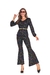 Roupa feminina estilo anos 70/80, com estampas coloridas e calças flare, ideal para festas temáticas.