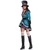 Fantasia feminina chapeleira maluca, com vestido azul e detalhes em roxo e preto, usando um chapéu alto e botas pretas.