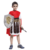 Criança vestida de príncipe guerreiro medieval, usando uma capa vermelha, escudo prateado e espada, em fundo branco.