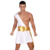 Homem vestido com fantasia de deus grego, usando uma toga branca e um cinto dourado, posando em uma postura confiante.